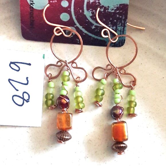 artisan 628#mfs bohemian glass fringe earrings copper earrings fireglazed amber - Picture 4 of 4